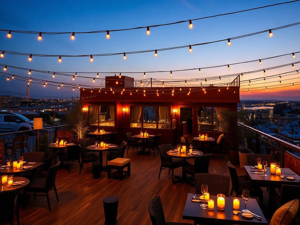 Rooftop terrace at LA SizzlerS with string lights and candlelit tables