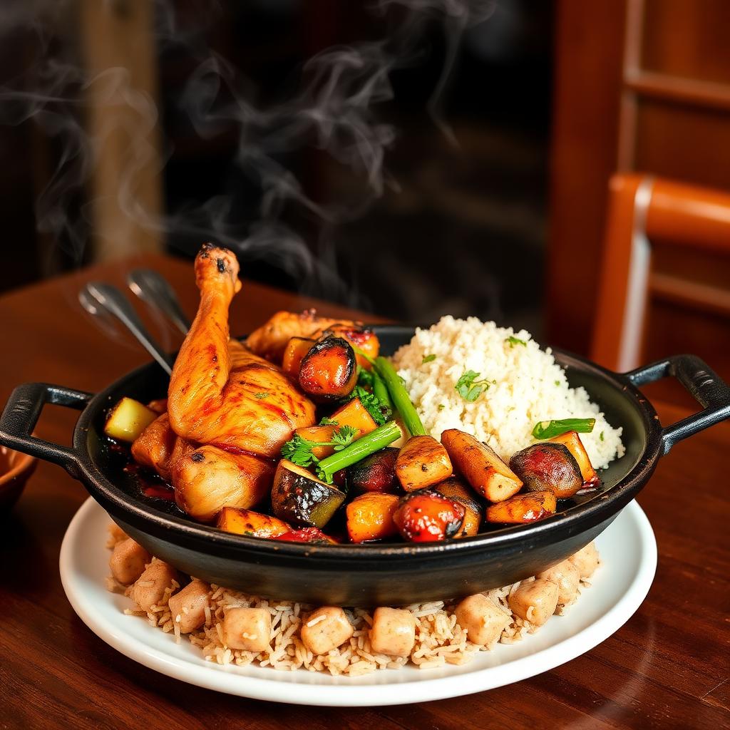 Steaming sizzler plate with grilled chicken and rice