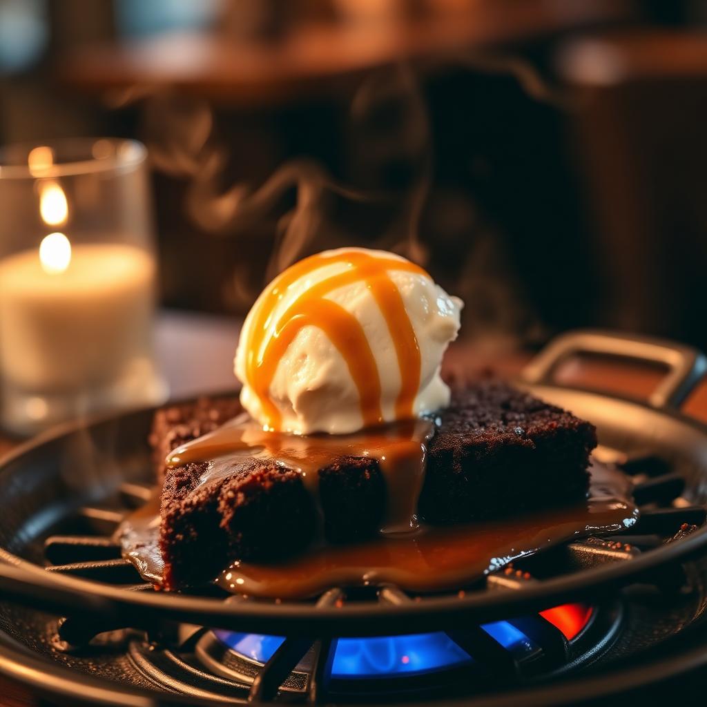 Sizzling chocolate brownie with vanilla ice cream and caramel sauce